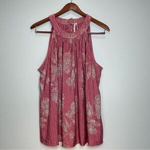 ANTHROPOLOGIE FEATHER BONE Asi Halter Neck Tank Top Pink Metallic Gold Size XL